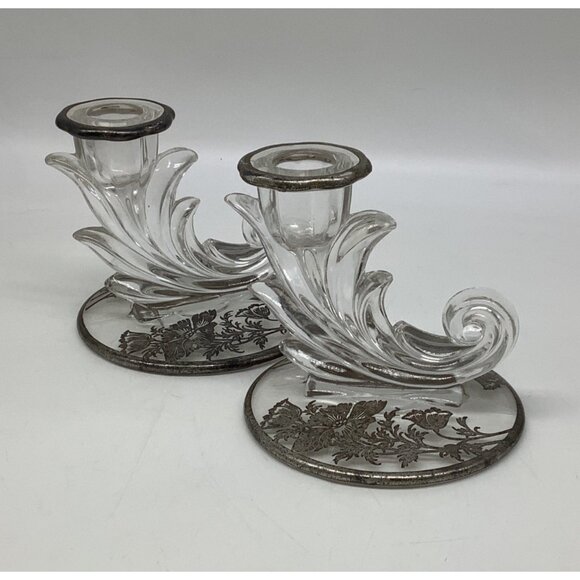 Silver City Vintage Glass Candle Holders With Poppy Flower Silver Overlay READ - Picture 1 of 9